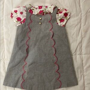 Gray tank dress and Matching white shirt with pink roses and Peter Pan collar